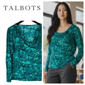 Talbots Large 12 14 Top Tunic Shirt Cowl Neck Floral Teal Green Romantic
